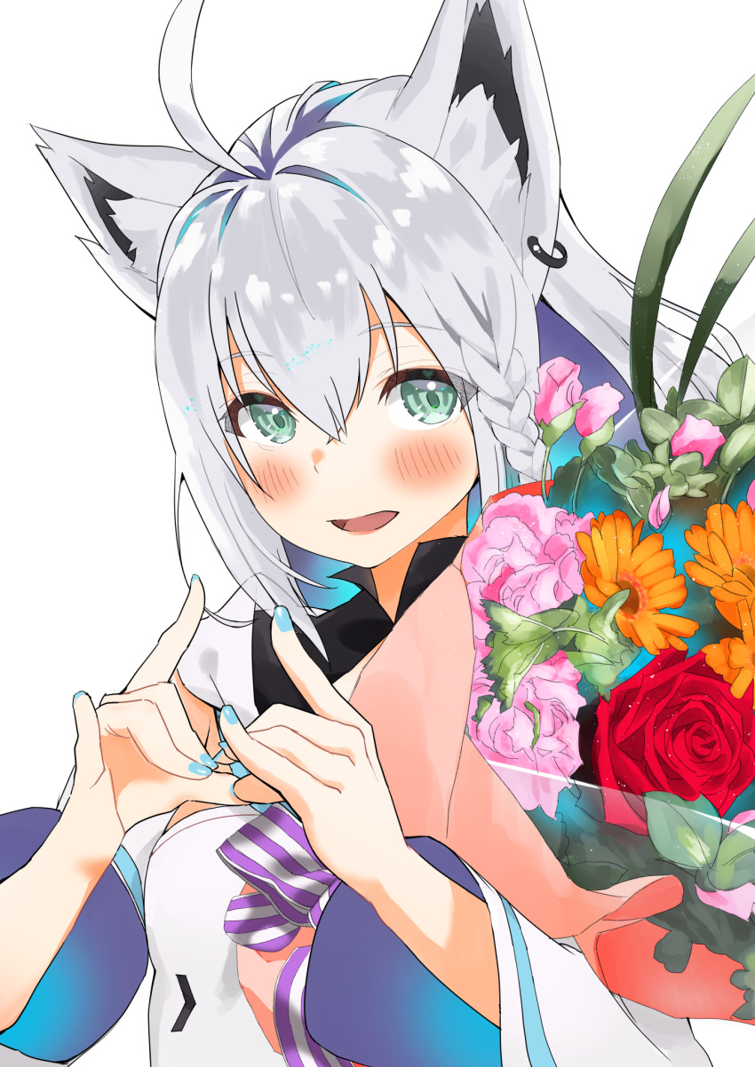 1girl ahoge animal_ear_fluff animal_ears aqua_nails bangs blush bouquet braid commentary_request detached_sleeves eyebrows_visible_through_hair flower fox_ears fox_shadow_puppet green_eyes hair_between_eyes heart heart_hands highres holding holding_bouquet hololive looking_at_viewer nail_polish open_mouth partial_commentary shirakami_fubuki silver_hair simple_background single_braid smile solo upper_body virtual_youtuber white_background wide_sleeves yoyoshi_renga