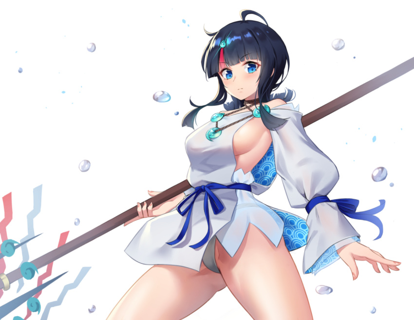 1girl acso bangs bare_shoulders black_hair blue_eyes blue_ribbon blush breasts closed_mouth dress fate/grand_order fate/requiem fate_(series) fundoshi japanese_clothes jewelry large_breasts long_sleeves looking_at_viewer magatama magatama_hair_ornament medium_hair multicolored_hair necklace pelvic_curtain pink_hair polearm puffy_long_sleeves puffy_sleeves ribbon short_dress sideboob sideless_outfit simple_background spear streaked_hair thighs utsumi_erise water_drop weapon white_background white_dress