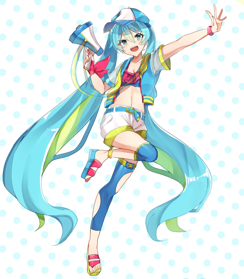 1girl aqua_eyes aqua_hair aqua_nails belt bracelet commentary cutout full_body hat hatsune_miku highres holding_megaphone jacket jewelry kusunokimizuha leg_up long_hair looking_at_viewer megaphone midriff nail_polish open_mouth outstretched_arm polka_dot polka_dot_background shorts single_thighhigh smile solo thigh-highs twintails very_long_hair vocaloid white_shorts wrist_bow