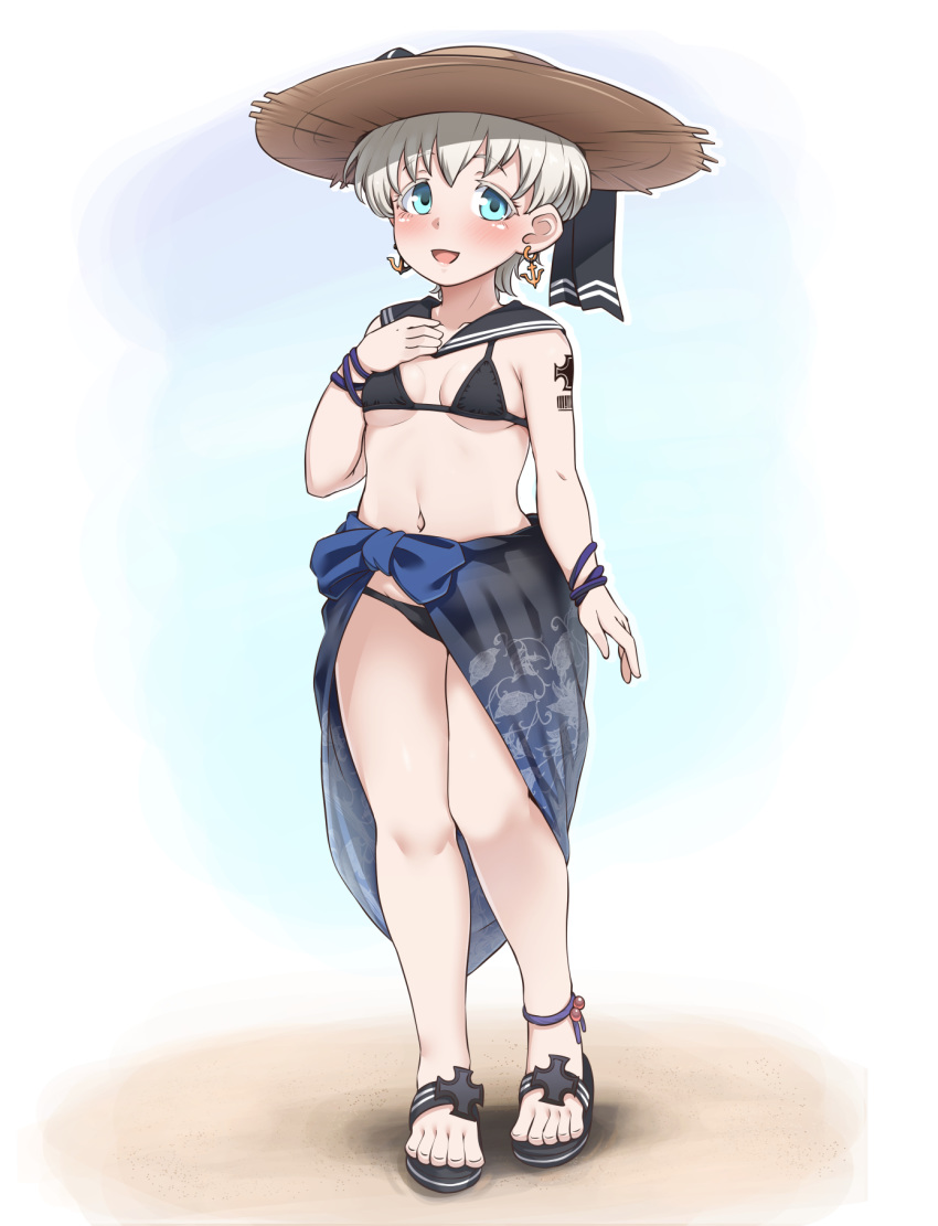 1girl alternate_costume anchor_earrings bangs bikini black_bikini blue_eyes blue_sarong blush breasts full_body hat highres kantai_collection navel ryuun_(stiil) sandals sarong short_hair silver_hair small_breasts solo standing straw_hat sun_hat swimsuit tattoo translucent_sarong z1_leberecht_maass_(kantai_collection)