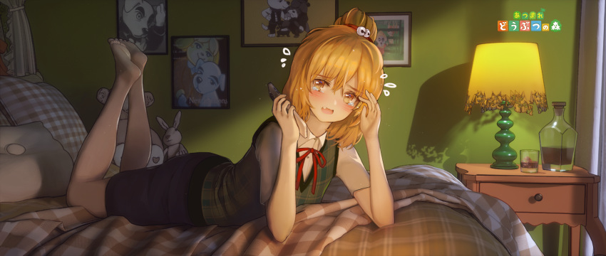 1girl animal_ears bangs bed blonde_hair blue_skirt blush bottle brown_eyes chinese_commentary commentary_request daodian_ji dog_ears dog_girl doubutsu_no_mori eyebrows_visible_through_hair glass hair_bun hair_ornament highres indoors kento_(doubutsu_no_mori) lamp logo looking_at_viewer lying medium_hair on_bed on_stomach open_mouth personification photo_(object) pillow red_ribbon ribbon shirt shizue_(doubutsu_no_mori) short_sleeves skirt smile solo stuffed_animal stuffed_bunny stuffed_toy topknot totakeke translation_request white_shirt