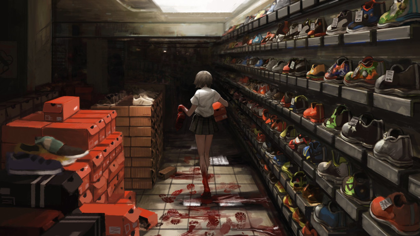 1girl black_skirt blood bloody_feet bloody_hands blurry_foreground box brown_hair cardboard_box facing_away from_behind highres indoors original pleated_skirt sara_manta shirt shoes shoes_removed shop short_hair short_sleeves skirt solo white_shirt