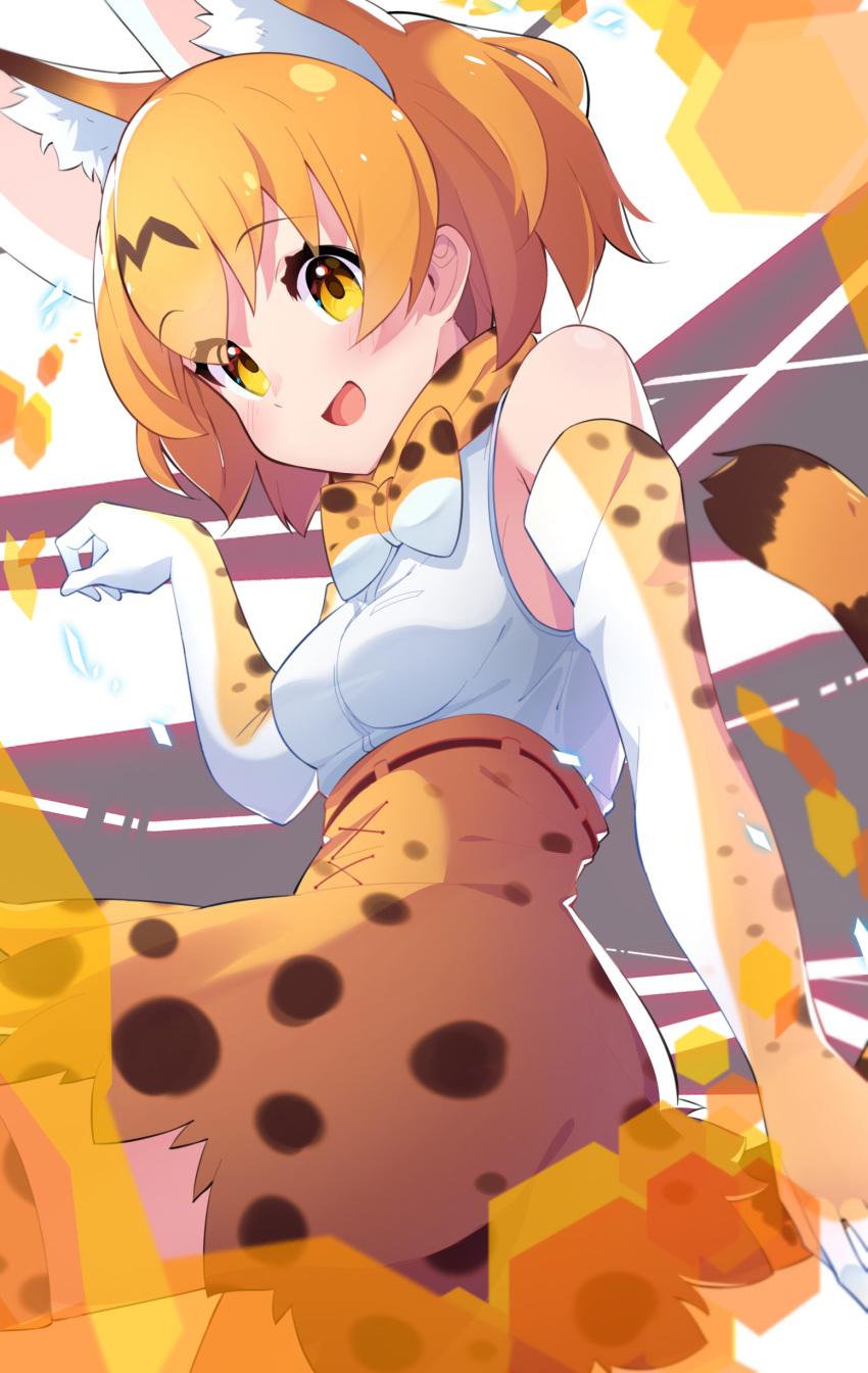 1girl absurdres animal_ear_fluff animal_ears blonde_hair bow bowtie breasts commentary elbow_gloves extra_ears eyebrows_visible_through_hair fur_collar gloves high-waist_skirt highres kemono_friends looking_at_viewer open_mouth paw_pose print_bow print_gloves print_neckwear print_skirt serval_(kemono_friends) serval_ears serval_print serval_tail shirt short_hair skirt sleeveless sleeveless_shirt small_breasts smile solo striped_tail tail takosuke0624 yellow_eyes yellow_gloves yellow_neckwear yellow_skirt