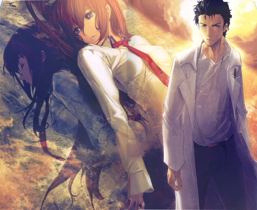 1boy 1girl absurdres black_hair blue_eyes brown_eyes brown_hair closed_eyes highres huke labcoat makise_kurisu necktie official_art okabe_rintarou one_eye_closed pen_in_pocket red_neckwear shirt steins;gate white_shirt