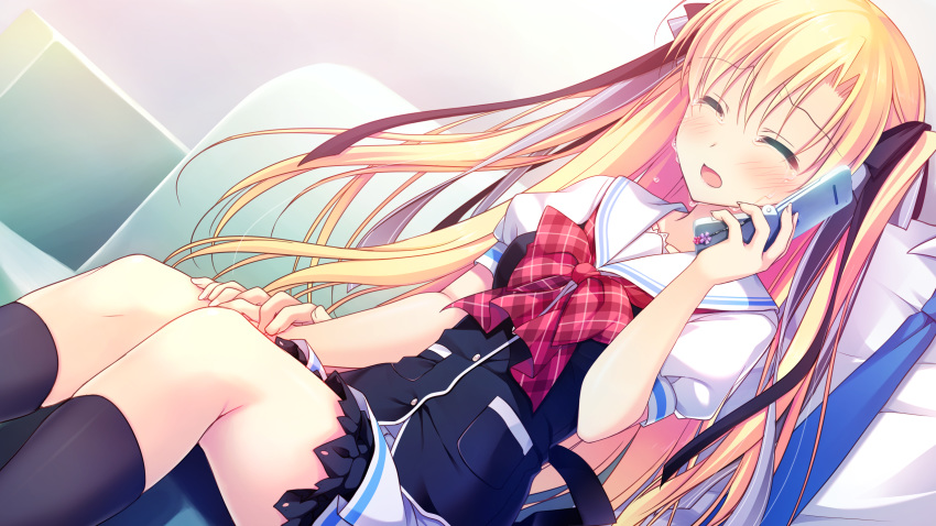 1girl black_legwear blonde_hair chibana_ryoka closed_eyes crying game_cg highres kimi_no_tonari_de_koishiteru! long_hair phone socks solo tears very_long_hair