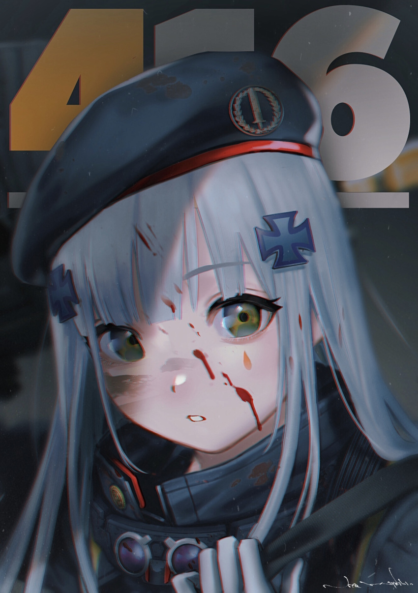 1girl bangs beret blood blood_on_face blunt_bangs chromatic_aberration face facial_mark girls_frontline green_eyes hair_ornament hat highres hk416_(girls_frontline) military_jacket nito_kiyoshi portrait signature silver_hair solo teardrop