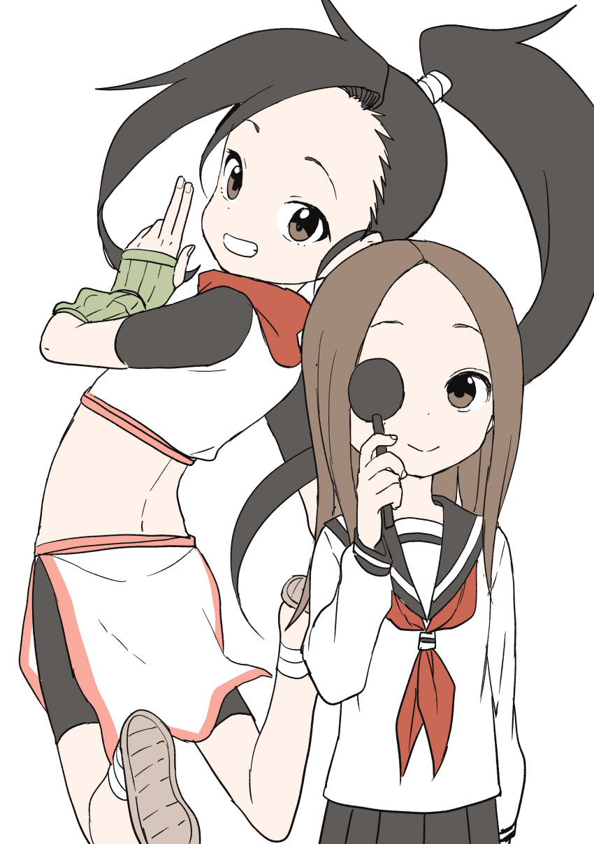 absurdres bangs black_hair black_sailor_collar black_shorts black_skirt brown_eyes brown_hair closed_mouth commentary_request creator_connection crossover forehead grin highres holding karakai_jouzu_no_takagi-san kuji-in kunoichi_tsubaki_no_mune_no_uchi long_hair looking_at_viewer looking_back neckerchief occluder official_art parted_bangs pleated_skirt ponytail red_neckwear sailor_collar school_uniform serafuku short_shorts shorts simple_background skirt smile takagi-san tsubaki_(kunoichi_tsubaki_no_mune_no_uchi) very_long_hair white_background yamamoto_souichirou