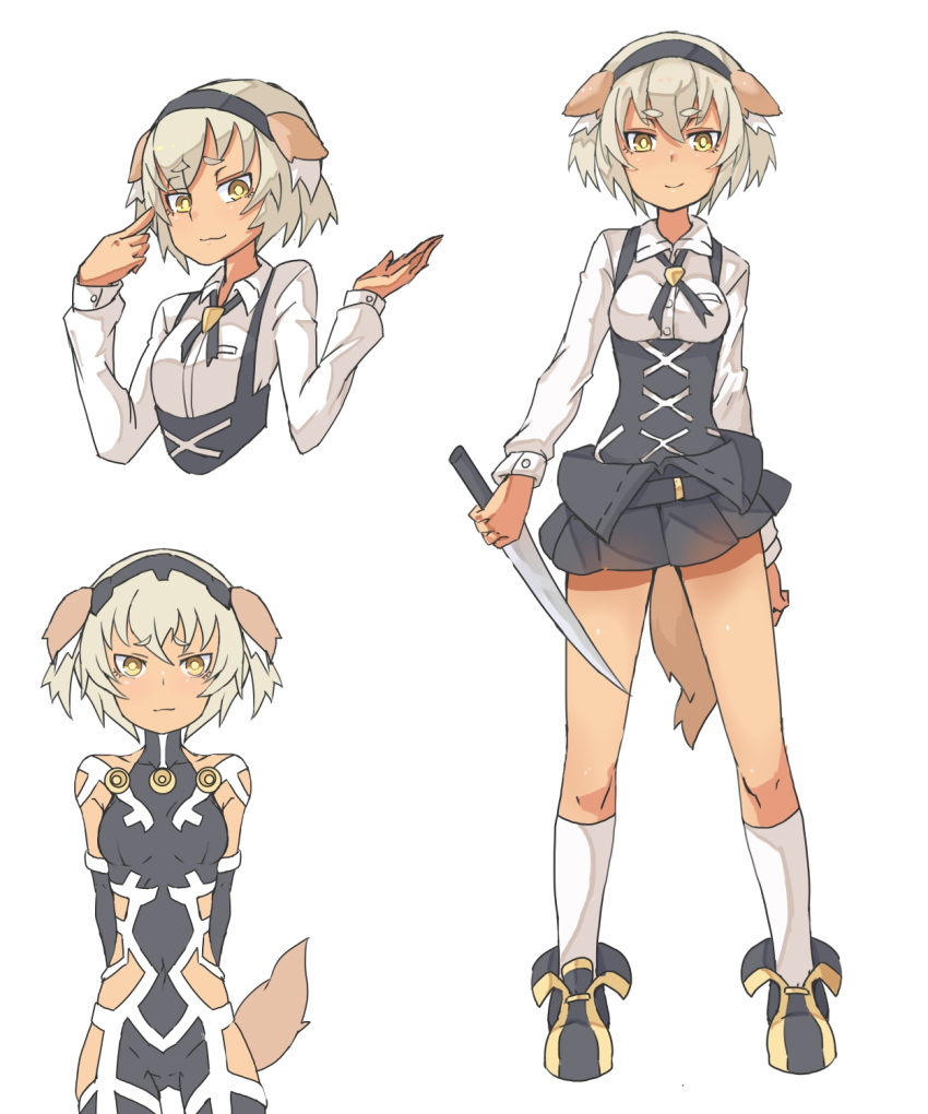 1girl :3 animal_ears black_ribbon bodysuit brown_eyes closed_mouth collared_shirt dog_ears dog_tail eyebrows_visible_through_hair grey_hair hairband highres holding holding_knife inukaze_yamu knife long_sleeves looking_at_viewer multiple_views neck_ribbon original ribbon shirt short_hair simple_background smile socks standing tail white_background white_legwear white_shirt wing_collar