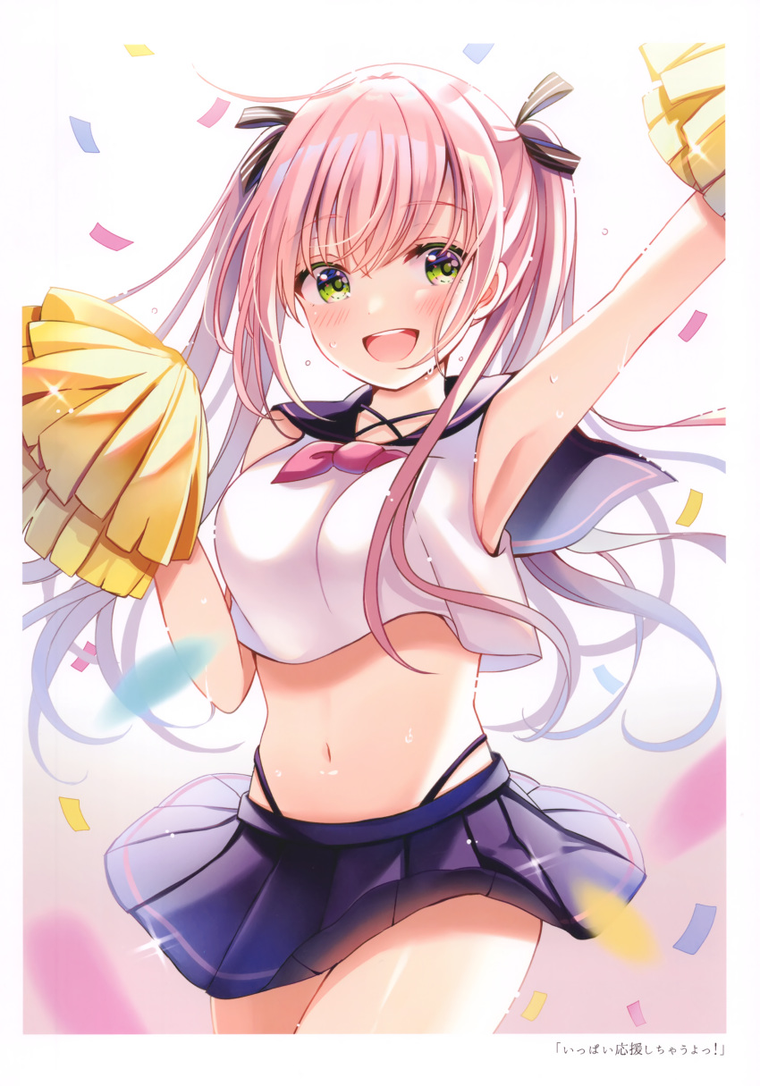 1girl :d absurdres arm_up armpits bare_arms bare_shoulders blue_skirt breasts cheerleader cowboy_shot crop_top crop_top_overhang green_eyes hair_ribbon hand_up highleg highres holding_pom_poms large_breasts long_hair looking_at_viewer midriff miniskirt navel open_mouth original pink_hair pleated_skirt ribbon sailor_collar sakura_hiyori scan shirt sidelocks skirt sleeveless sleeveless_shirt smile solo stomach sweat thighs twintails white_shirt