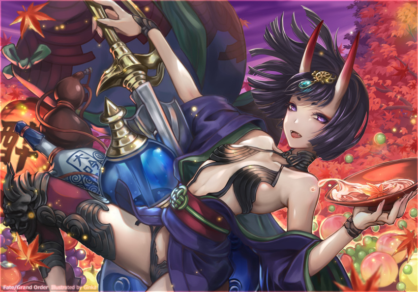 1girl alcohol bangs bare_shoulders blush bob_cut bottle breasts bridal_gauntlets collarbone cup eyeliner fangs fate/grand_order fate_(series) food fruit gourd grapes headpiece horns japanese_clothes kawaiiginka kimono leaf long_sleeves looking_at_viewer makeup maple_leaf obi off_shoulder oni oni_horns open_mouth peach purple_hair purple_kimono purple_sky revealing_clothes sakazuki sake sash short_eyebrows short_hair short_kimono shuten_douji_(fate/grand_order) skin-covered_horns small_breasts smile sword tree twilight violet_eyes weapon wide_sleeves