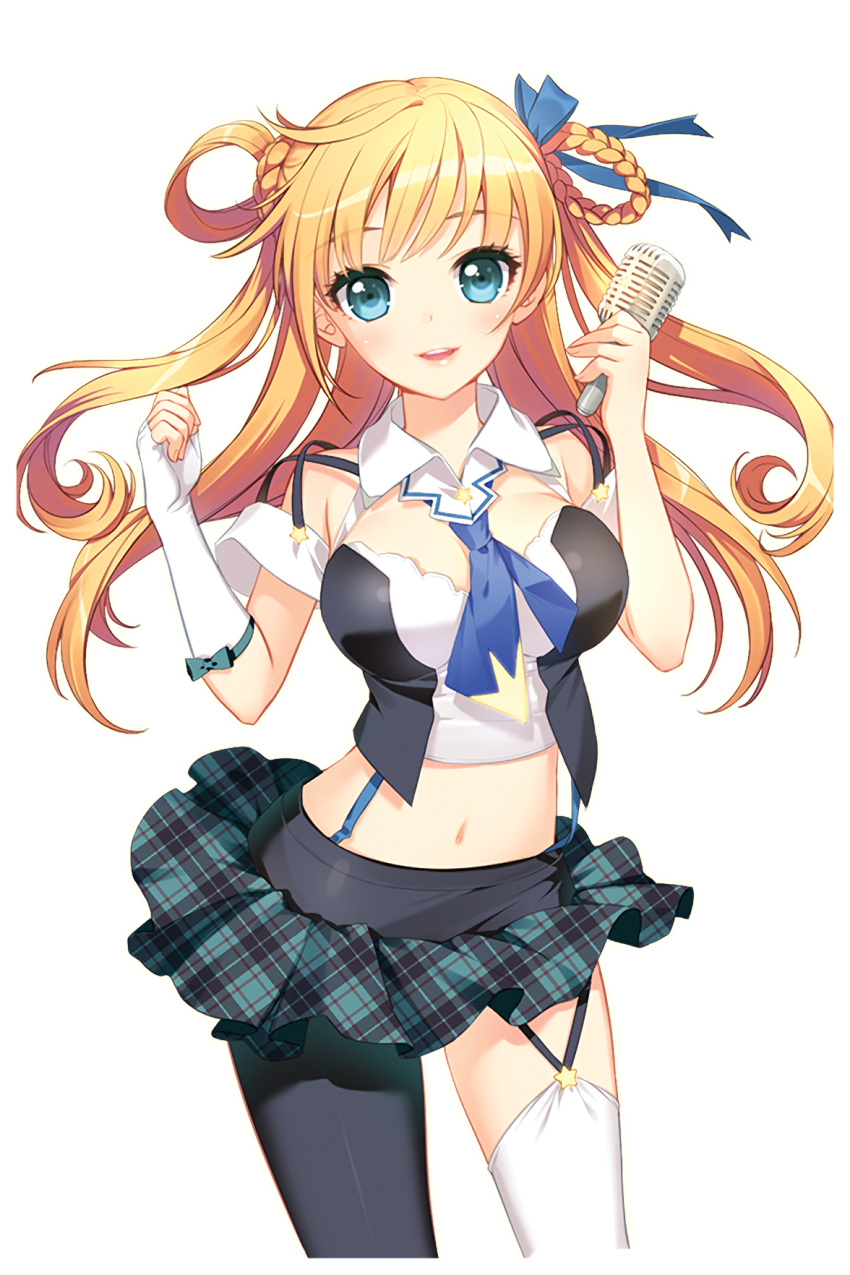 1girl :d blonde_hair blue_eyes braid elbow_gloves fingerless_gloves garter_straps glitter gloves hair_rings highres holding holding_microphone long_hair looking_at_viewer lucy_(soccer_spirits) microphone midriff navel official_art open_mouth pantyhose pink_skirt plaid plaid_skirt shirahane_nao single_glove single_thighhigh skirt smile soccer_spirits solo standing thigh-highs transparent_background white_legwear