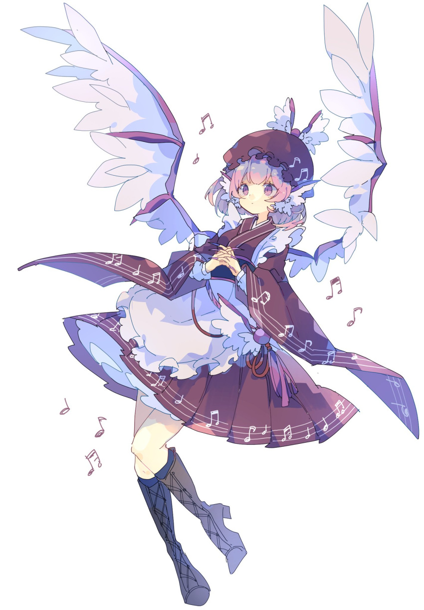 1girl animal_ears apron bird_wings boots brown_footwear brown_headwear brown_kimono cross-laced_footwear fingernails full_body hands_clasped hat high_heels highres japanese_clothes kimono lace-up_boots long_fingernails looking_at_viewer musical_note musical_note_print mystia_lorelei nikorashi-ka own_hands_together pink_eyes pink_hair pink_nails sash sharp_fingernails short_hair simple_background solo touhou white_background wings