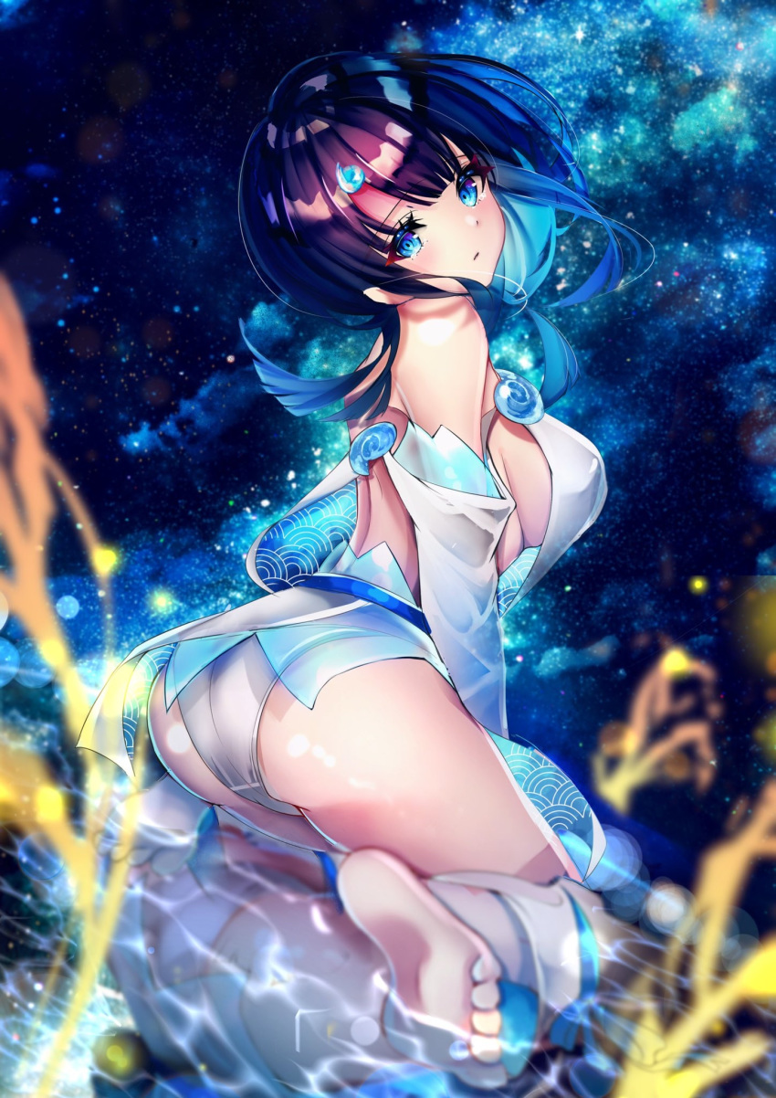 1girl ass back bangs bare_shoulders barefoot blue_eyes blue_ribbon blush breasts chiachun0621 dress fate/grand_order fate/requiem fate_(series) feet fundoshi highres japanese_clothes jewelry large_breasts long_sleeves looking_at_viewer looking_back magatama magatama_hair_ornament medium_hair multicolored_hair necklace night night_sky pelvic_curtain puffy_long_sleeves puffy_sleeves ribbon shiny shiny_hair short_dress sideboob sideless_outfit sidelocks sky soles star_(sky) starry_sky streaked_hair thighs utsumi_erise water white_dress