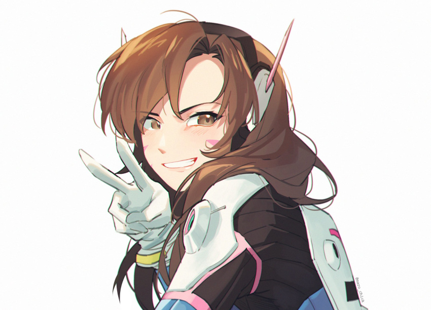 1girl arm_up bangs blush bodysuit brown_eyes brown_hair commentary_request d.va_(overwatch) eyebrows_visible_through_hair eyes_visible_through_hair facepaint facial_mark from_side gloves headphones highres korean_commentary long_hair looking_at_viewer maro_(lij512) open_mouth overwatch pilot_suit simple_background smile solo teeth upper_body v whisker_markings white_background white_gloves