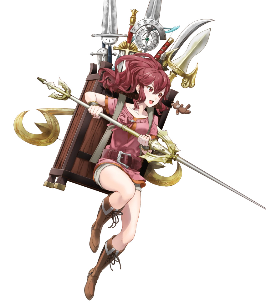 1girl anna_(fire_emblem) backpack bag bangs boots fire_emblem fire_emblem_awakening fire_emblem_heroes full_body highres kaya8 knee_boots long_hair official_art ponytail red_eyes redhead short_sleeves shorts solo tied_hair transparent_background weapon