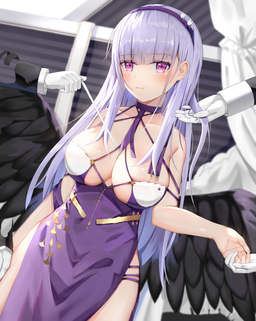 1girl absurdres azur_lane bangs bare_arms bare_shoulders black_hairband black_wings blunt_bangs blush closed_mouth commentary_request cowboy_shot dido_(anxious_bisque_doll)_(azur_lane) dido_(azur_lane) disembodied_limb dress eyebrows_visible_through_hair feathered_wings gloves hairband halter_dress highres holding_hands linz_(linzimmm) pelvic_curtain purple_dress silver_hair sleeveless sleeveless_dress solo violet_eyes white_gloves wings