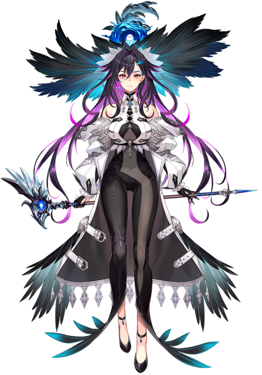 1girl bare_shoulders black_footwear black_gloves black_hair breasts earrings full_body gloves highres hololive jewelry kakage long_hair looking_at_viewer multicolored_hair official_art partly_fingerless_gloves purple_hair red_eyes solo transparent_background two-tone_hair unnamed_hololive_vtuber virtual_youtuber