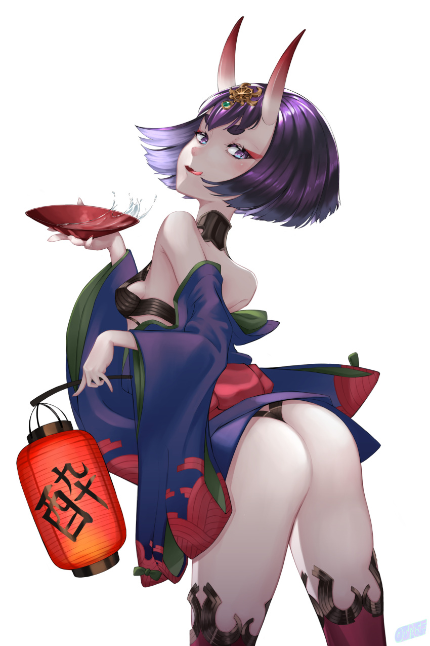 1girl absurdres alcohol arched_back ass bangs bare_shoulders blush bob_cut breasts collarbone cup eyeliner fate/grand_order fate_(series) headpiece highres horns japanese_clothes kimono lantern licking_lips long_sleeves looking_at_viewer looking_back makeup oni oni_horns open_mouth outause paper_lantern purple_hair purple_kimono revealing_clothes sakazuki sake short_hair short_kimono shuten_douji_(fate/grand_order) simple_background skin-covered_horns small_breasts smile thighs tongue tongue_out violet_eyes white_background wide_sleeves