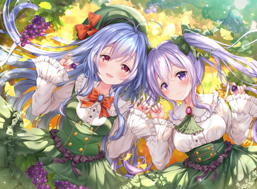 2girls ahoge aoba_chise aoba_project aoba_rena bangs black_bow blurry blush bokeh bow bowtie brooch buttons center_frills collar commentary_request depth_of_field double-breasted dress eyebrows_visible_through_hair food frilled_collar frilled_sleeves frills fruit ginkgo_leaf grapes green_bow green_dress green_headwear green_neckwear hair_between_eyes hair_bow hat hat_bow holding holding_food holding_fruit jewelry long_hair long_sleeves looking_at_viewer multiple_girls nail_polish open_mouth pink_eyes pink_nails pinky_swear purple_hair red_bow sakura_moyon silver_hair smile twintails violet_eyes