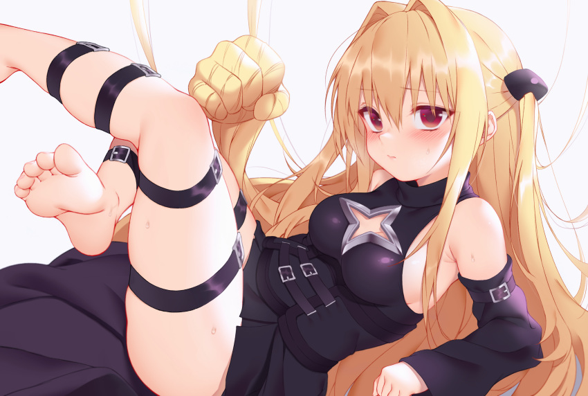 1girl armpits bare_shoulders barefoot belt blonde_hair breasts cleavage_cutout detached_sleeves feet hair_intakes hair_ornament highres konjiki_no_yami leg_belt legs_up long_hair long_sleeves looking_at_viewer medium_breasts multiple_belts reclining red_eyes sidelocks simple_background solo to_love-ru to_love-ru_darkness two_side_up white_background zhaofeng_yinyue