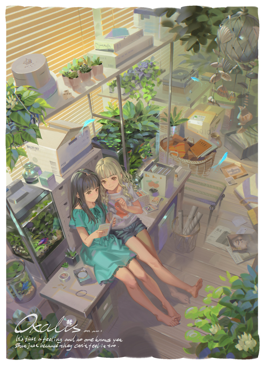 2girls alphonse_(white_datura) bangs barefoot black_hair blinds blonde_hair blue_dress book brown_eyes dress english_text eyebrows_visible_through_hair highres indoors long_hair multiple_girls open_book original plant potted_plant shelf shell signature sitting wavy_hair