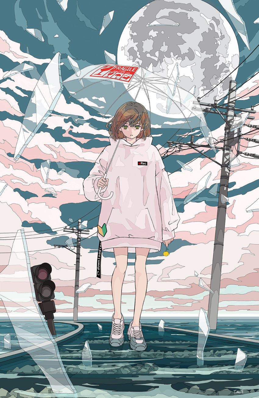 1girl bangs bare_legs brown_hair clouds cloudy_sky commentary_request flower full_body full_moon glass_shards highres holding holding_flower holding_umbrella hood hood_down horizon ligne_claire long_sleeves looking_at_viewer moon original outdoors power_lines railroad_tracks seraphitalg shoes short_hair signature sky sleeves_past_wrists sneakers solo telephone_pole traffic_light transparent transparent_umbrella umbrella walking water white_footwear white_hoodie