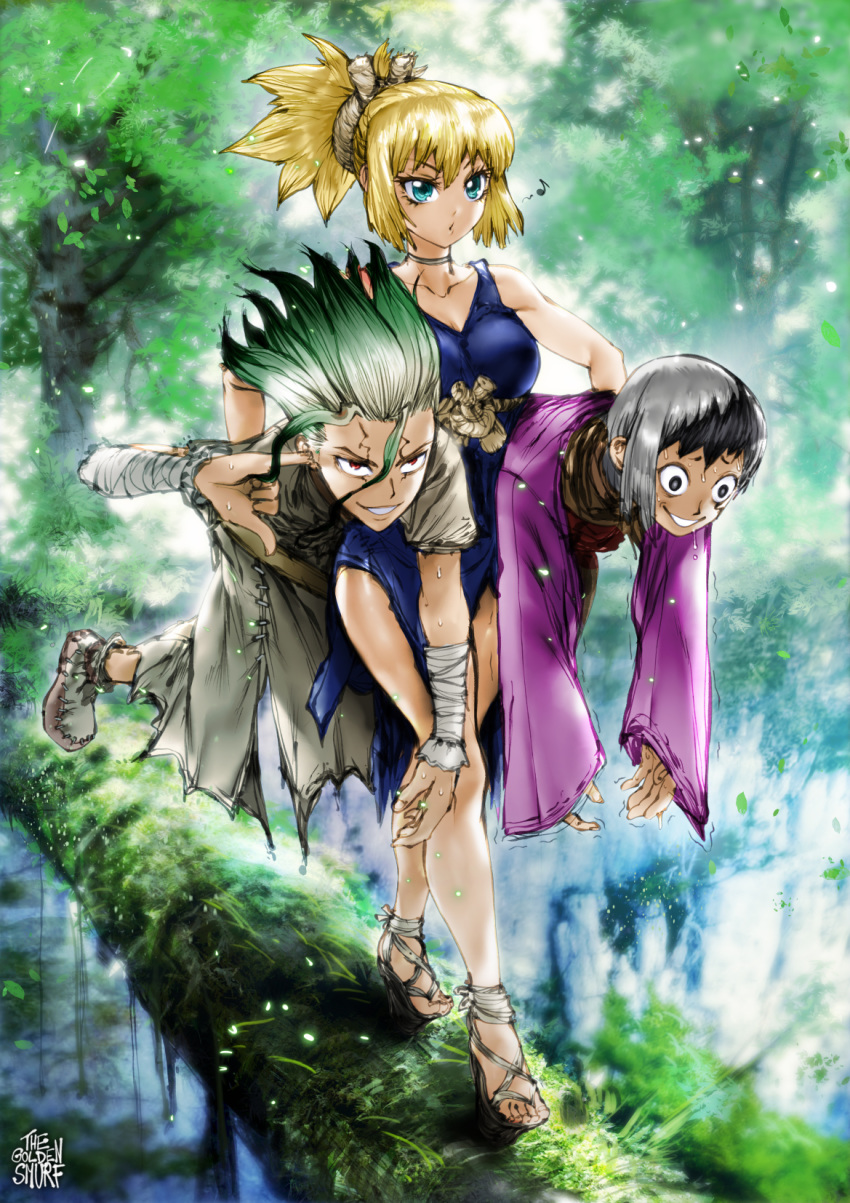 1girl 2boys aqua_eyes asagiri_gen bare_legs black_hair blue_dress breasts carrying carrying_under_arm choker cliff commentary dr._stone dress empty_eyes english_commentary finger_in_ear forest geta green_hair grey_hair highres ishigami_senkuu kohaku_(dr._stone) log long_hair medium_breasts multicolored_hair multiple_boys nature red_eyes sandals scar scared short_ponytail spiky_hair the_golden_smurf toes trembling two-tone_hair whistling