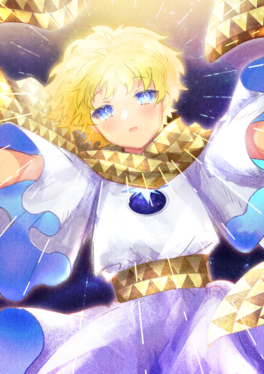 1boy baggy_clothes bangs blonde_hair blue_eyes blush bright_pupils eyebrows_visible_through_hair falling fate/grand_order fate/requiem fate_(series) glowing highres ittokyu light light_particles looking_at_viewer male_focus open_mouth parted_bangs scarf shiny shiny_hair short_sleeves sky smile solo space star_(sky) star_(symbol) starry_background starry_sky upper_body voyager_(fate/requiem) yellow_scarf