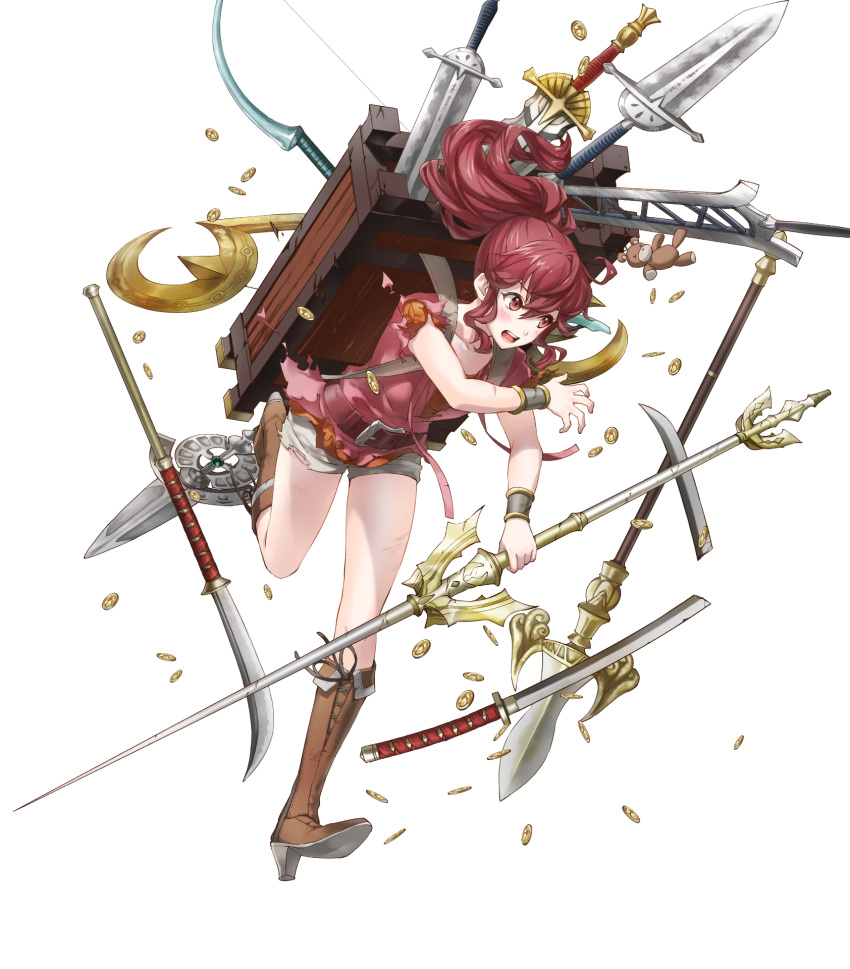 1girl anna_(fire_emblem) backpack bag bangs boots fire_emblem fire_emblem_awakening fire_emblem_heroes full_body highres kaya8 knee_boots long_hair official_art ponytail red_eyes redhead short_sleeves shorts solo tied_hair transparent_background weapon