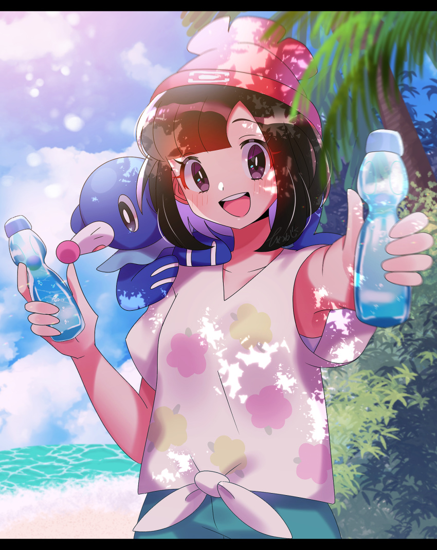 1girl :d bangs beanie black_hair blush clouds commentary_request day gen_7_pokemon green_shorts hat highres holding looking_at_viewer mizuki_(pokemon) open_mouth outdoors outstretched_arm palm_tree pokemon pokemon_(creature) pokemon_(game) pokemon_sm popplio red_headwear rinka_na31415 shirt short_hair short_sleeves shorts sky smile starter_pokemon summer teeth tied_shirt tongue tree upper_teeth water
