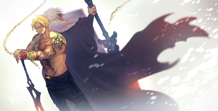 1boy abs aion_kiu bangs bara bare_shoulders beard belt beowulf_(fate/grand_order) blonde_hair cape chain chest chest_scar denim facial_hair fate/grand_order fate_(series) fingerless_gloves gloves glowing goatee highres jeans light looking_at_viewer male_focus muscle old older pants pectorals planted_weapon red_eyes scar shadow shiny shiny_hair shirtless shoulder_tattoo simple_background smile snow snowing tattoo upper_body weapon