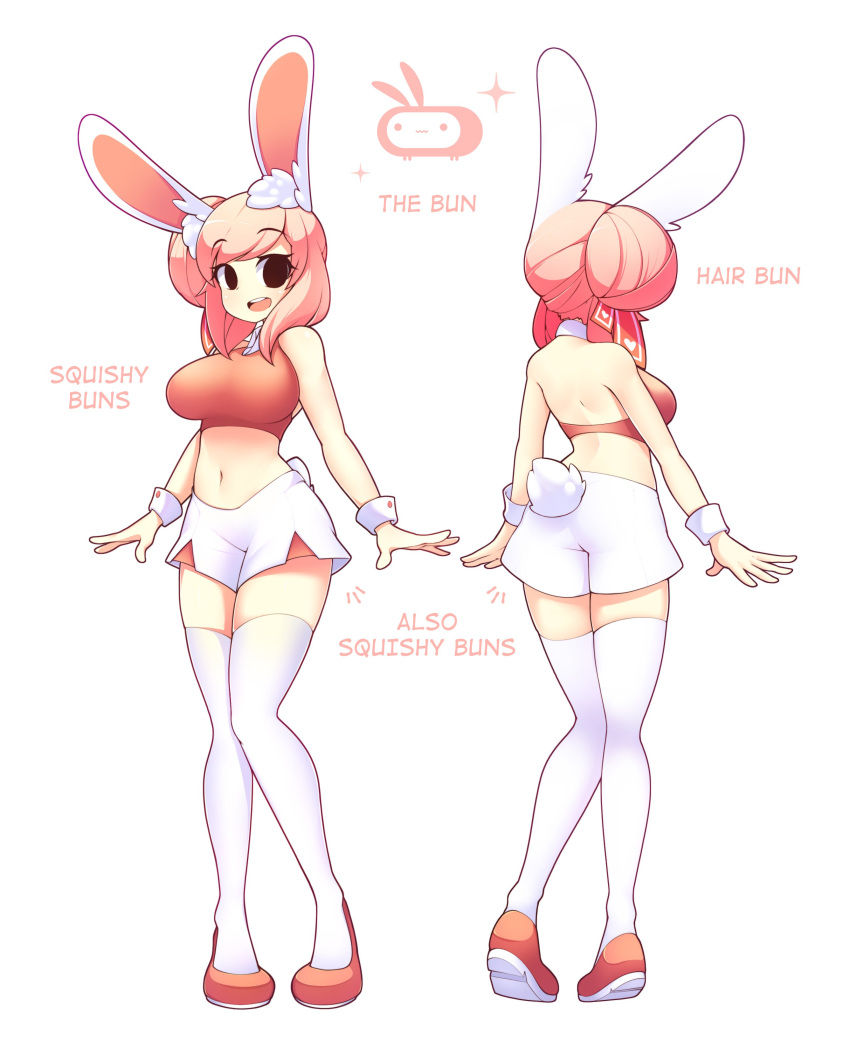 1girl absurdres animal_ears ass black_eyes blush breasts bunny_girl bunny_tail crop_top english_text eyebrows_visible_through_hair fiz_(fizintine) fizintine hair_bun hair_ribbon heart highres large_breasts looking_at_viewer navel open_mouth original pink_hair rabbit_ears red_footwear red_ribbon ribbon short_hair short_shorts shorts sleeveless smile solo tail thigh-highs upper_teeth white_legwear white_shorts wrist_cuffs