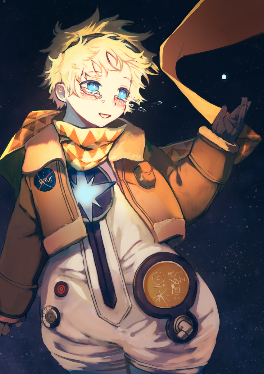 1boy absurdres baggy_clothes bangs blonde_hair blue_eyes bright_pupils crying crying_with_eyes_open eyebrows_visible_through_hair fate/grand_order fate/requiem fate_(series) gloves glowing goggles goggles_on_head highres male_focus parted_bangs sky smile sobbing solo space spacesuit star_(sky) starry_background starry_sky tears upper_body user_smjs4288 voyager_(fate/requiem)