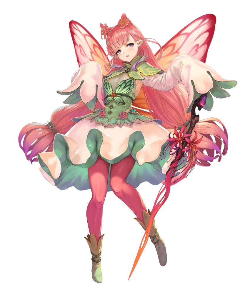 1girl bangs detached_sleeves dress fairy_wings fire_emblem fire_emblem_heroes full_body gradient gradient_hair highres long_hair long_sleeves mirabilis_(fire_emblem) multicolored_hair official_art pantyhose pink_hair pointy_ears sleeves_past_wrists solo transparent_background wings