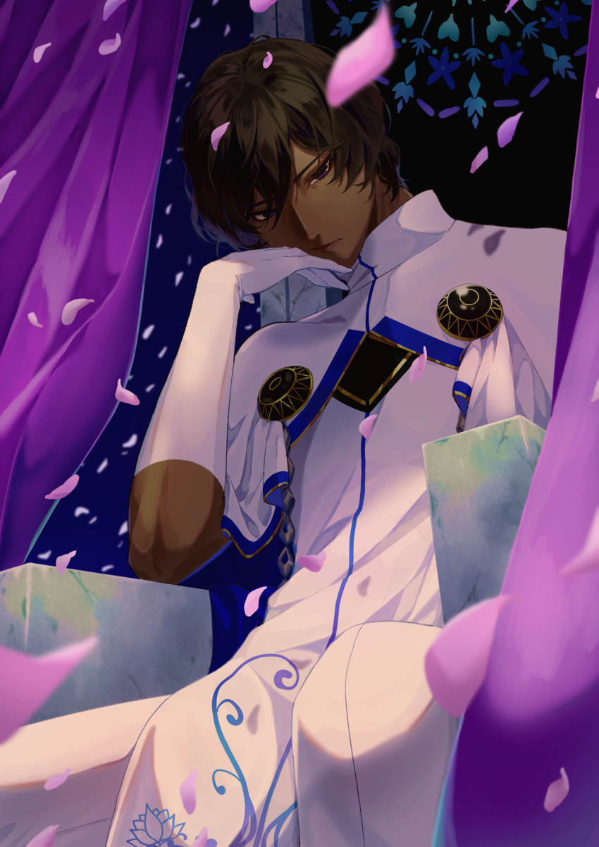1boy absurdres arjuna_(fate/grand_order) bangs black_eyes black_hair brown_hair cape chin_rest collar dark_skin dark_skinned_male detached_sleeves fate/grand_order fate_(series) flower from_below gloves hair_between_eyes hand_on_own_chin highres hukahire0313 light looking_at_viewer looking_down male_focus petals shadow shiny shiny_hair sitting solo throne upper_body white_gloves