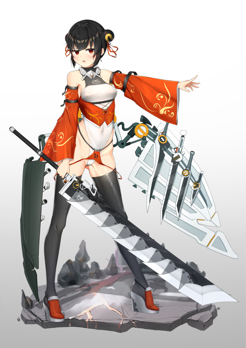 1girl absurdres bangs bare_shoulders black_hair black_legwear blush bodysuit breasts commentary_request covered_navel detached_sleeves full_body grey_background highres holding holding_weapon long_sleeves medium_breasts open_mouth original red_eyes red_footwear renroujiang shoes short_hair simple_background solo thigh-highs upper_teeth weapon white_bodysuit