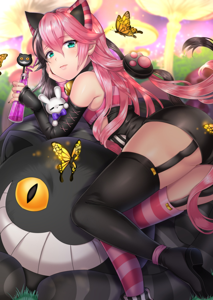 absurdres animal_ears arm_warmers ass black_hair black_legwear black_nails blue_eyes bug butterfly cat cat_ears crazy_straw day drinking_straw garter_straps hair_between_eyes hair_ornament highres hijinrui_gakuen insect long_hair looking_at_viewer multicolored_hair mushroom outdoors pink_hair striped striped_legwear stuffed_animal stuffed_bunny stuffed_toy thigh-highs two-tone_hair uzura_(moimoi) very_long_hair yellow_butterfly