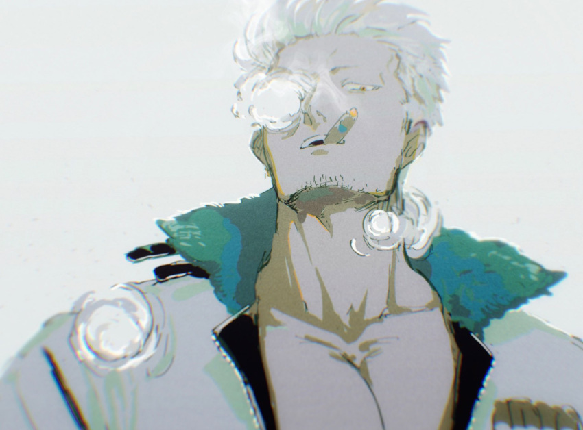1boy cigar facial_hair hair_slicked_back highres jacket kabane_(rjev8385) looking_down male_focus one_piece open_clothes open_jacket simple_background smoker_(one_piece) smoking solo white_hair