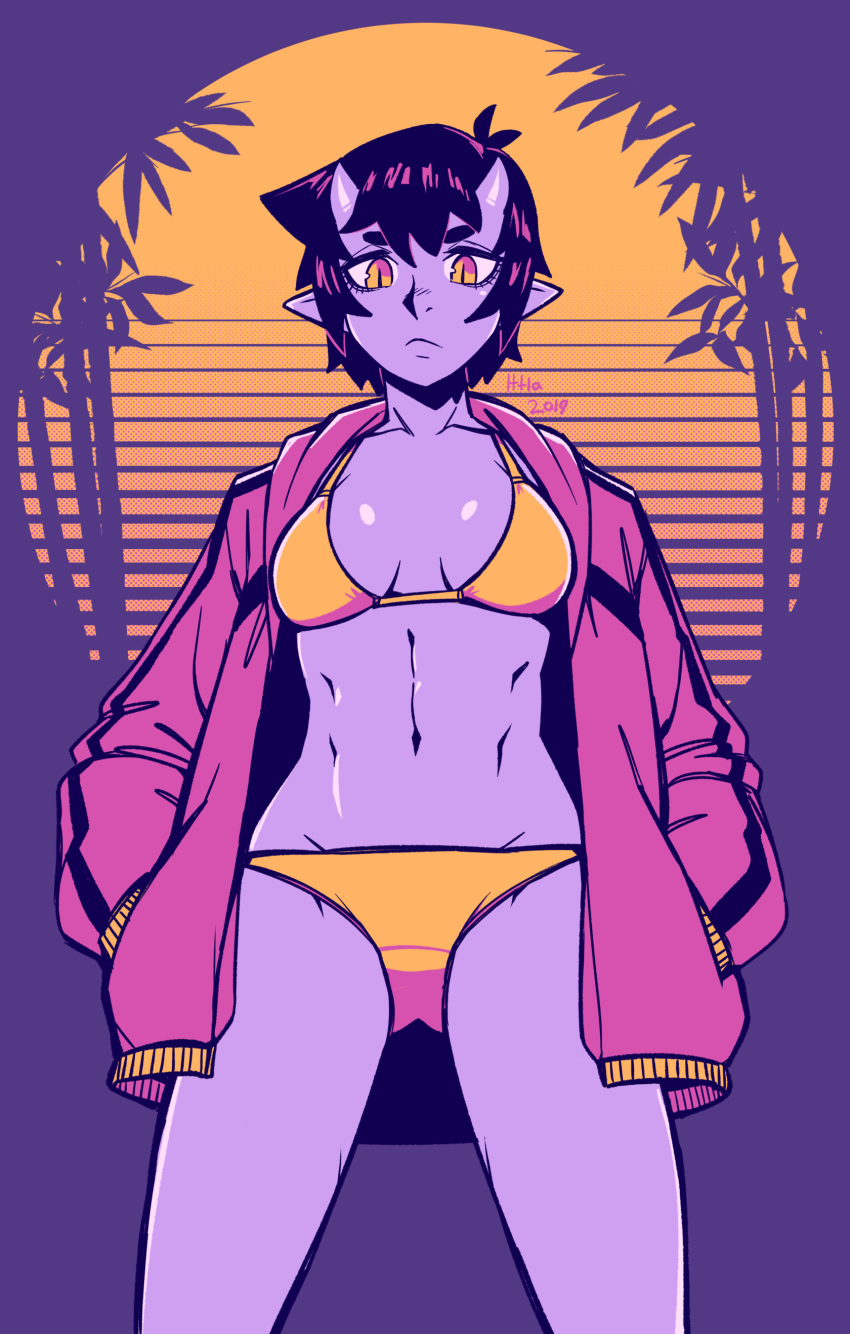 1girl 2019 abs absurdres bikini black_hair breasts frown hands_in_pockets highres hood hood_down hoodie horns ittla looking_at_viewer navel oni oni_horns open_clothes open_hoodie original pointy_ears purple_skin short_hair signature slit_pupils small_breasts solo swimsuit toned vaporwave yellow_bikini yellow_eyes