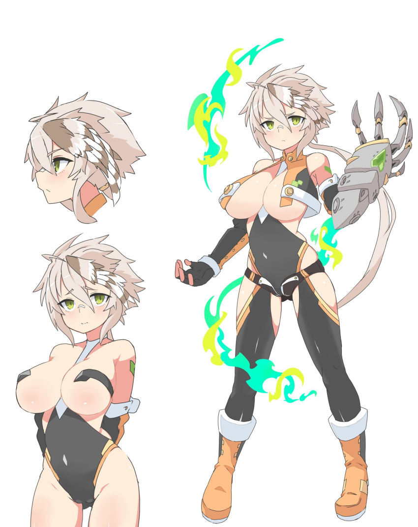 1girl bad_id bad_twitter_id bandaid bandaid_on_nose black_legwear black_leotard boots breasts closed_mouth fire green_eyes grey_hair hair_between_eyes hand_up highres inukaze_yamu large_breasts leotard long_hair looking_at_viewer multiple_views orange_footwear original oversized_forearms oversized_limbs ponytail simple_background standing very_long_hair white_background