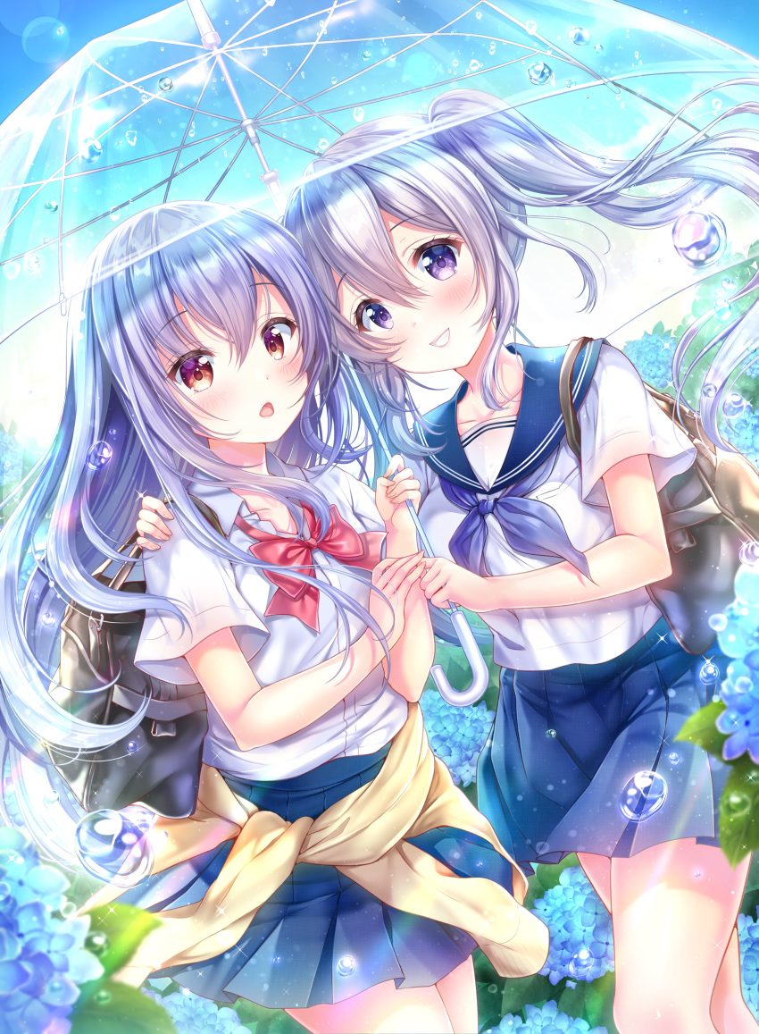 2girls :d :o absurdres aoba_chise aoba_project aoba_rena arm_around_shoulder bag bangs blue_hair blue_neckwear blue_skirt blue_sky clothes_around_waist commentary_request dutch_angle eyebrows_visible_through_hair flower grin highres holding holding_umbrella jacket_around_waist leaf lens_flare long_hair multiple_girls open_mouth orange_eyes pleated_skirt red_neckwear sailor_collar sakura_moyon school_bag school_uniform shirt short_sleeves siblings sisters skirt sky smile standing twintails umbrella violet_eyes water_drop white_shirt