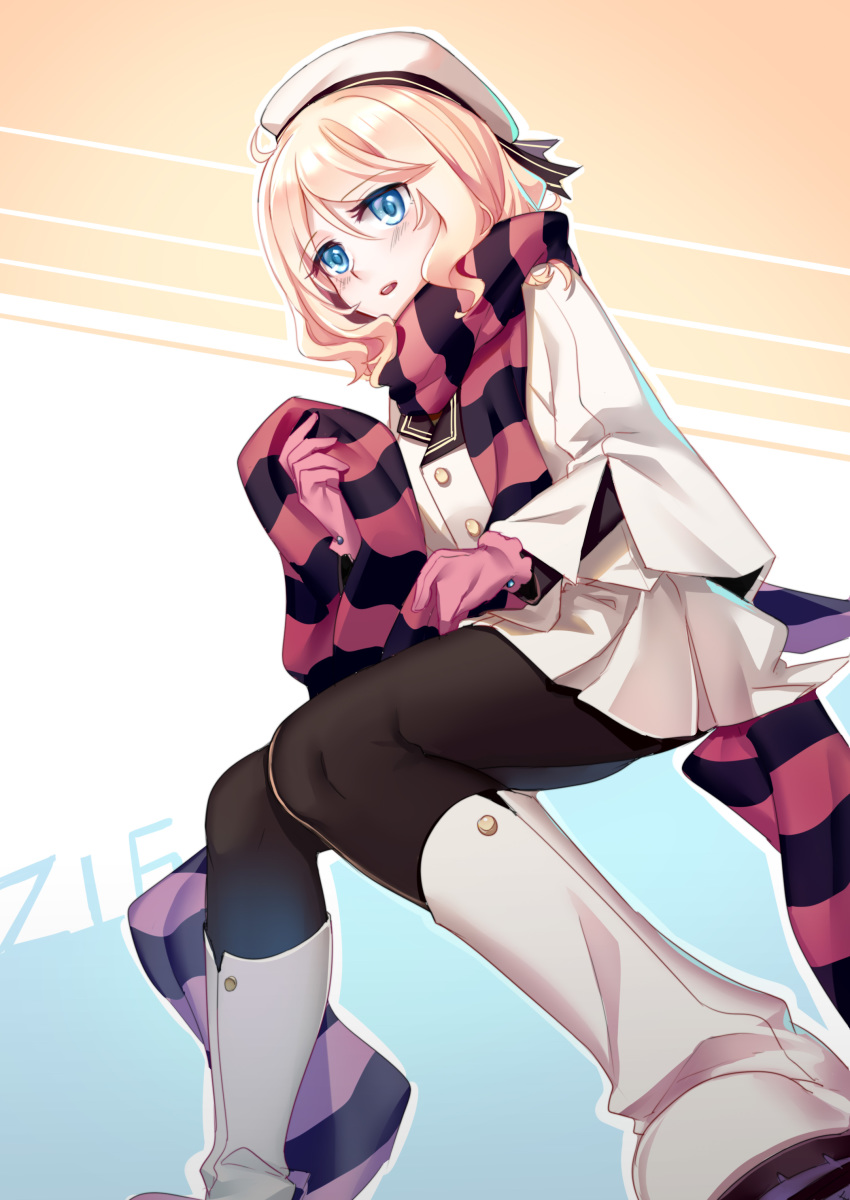 1girl absurdres aer_(tengqiu) black_legwear blonde_hair blue_eyes blush boots character_name coat gloves hat highres looking_at_viewer medium_hair open_mouth pantyhose pink_gloves scarf simple_background sitting skirt solo thigh-highs warship_girls_r white_coat white_footwear white_skirt z16_friedrich_eckoldt_(warship_girls_r)