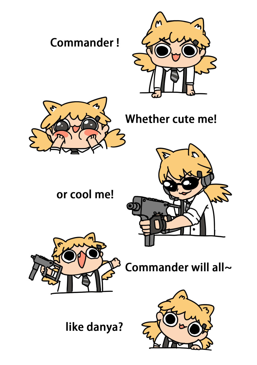 1girl :3 afei_(sfma3248) aiming animal_ears black_eyes black_gloves black_neckwear blonde_hair blush_stickers bushman_idw cat_ears chibi chinese_commentary commentary_request english_text fingerless_gloves girls_frontline gloves hair_ornament hairclip hands_on_own_cheeks hands_on_own_face highres holding holding_weapon idw_(girls_frontline) long_hair looking_at_viewer multiple_views necktie open_mouth shirt simple_background striped striped_neckwear sunglasses suspenders twintails upper_body v-shaped_eyebrows weapon white_background white_shirt