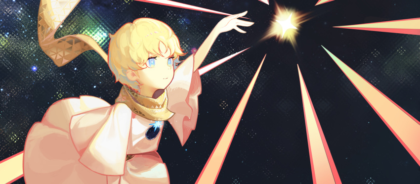 1boy arm_up baggy_clothes bangs blonde_hair blue_eyes bright_pupils chrix fate/grand_order fate/requiem fate_(series) floating from_side glowing light looking_up male_focus parted_bangs robe scarf shadow short_sleeves sky solo space sparkle star_(sky) star_(symbol) starry_background starry_sky upper_body voyager_(fate/requiem) yellow_scarf