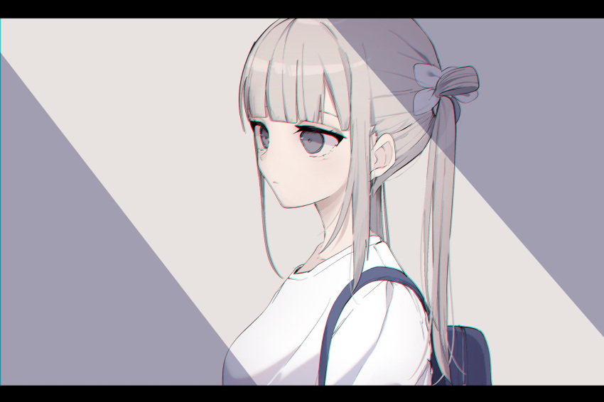 1girl backpack bag bangs blunt_bangs breasts closed_mouth commentary_request eyebrows_behind_hair grey_eyes grey_hair highres letterboxed long_hair looking_away medium_breasts shirt sidelocks solo tsuruse twintails upper_body white_shirt
