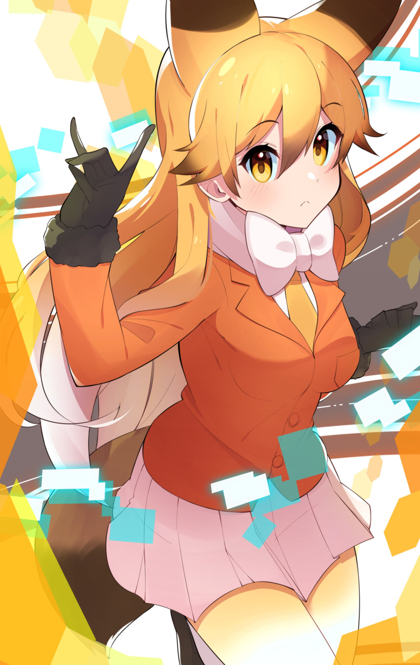 1girl absurdres animal_ears bangs black_gloves blazer blonde_hair bow bowtie closed_mouth commentary eyebrows_visible_through_hair ezo_red_fox_(kemono_friends) fox_ears fox_girl fox_shadow_puppet fox_tail fur-trimmed_sleeves fur_collar fur_trim gloves highres jacket kemono_friends light_frown long_hair long_sleeves looking_at_viewer miniskirt multicolored_hair necktie orange_eyes orange_jacket orange_neckwear pantyhose pleated_skirt skirt solo standing tail takosuke0624 white_hair white_neckwear white_skirt yellow_legwear