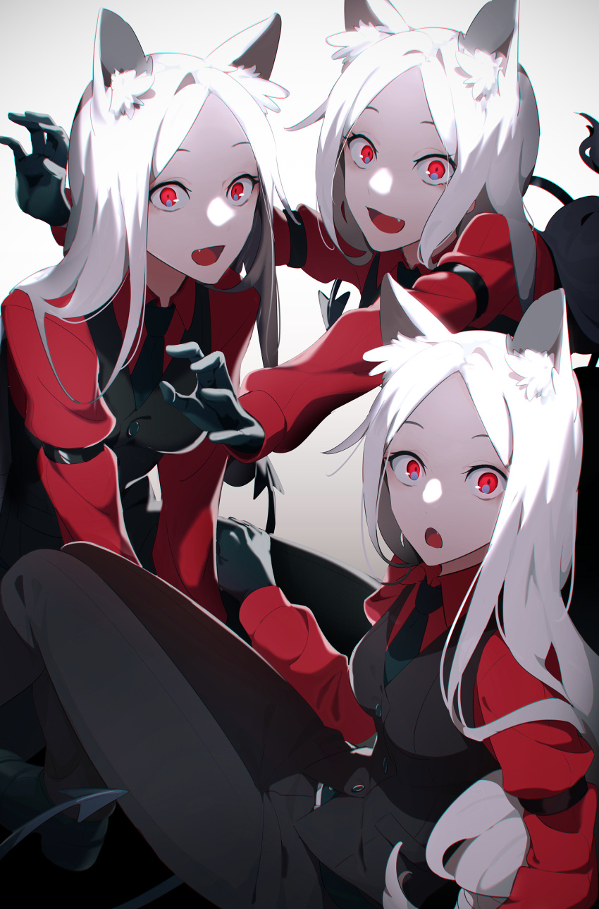 3girls :d :o animal_ear_fluff animal_ears arm_strap black_gloves black_neckwear black_pants black_vest breasts cerberus_(helltaker) collared_shirt commentary demon_tail dog_ears fang gloves helltaker highres knees_up long_hair long_sleeves looking_at_viewer medium_breasts multiple_girls necktie open_mouth outstretched_arms pants pouncing red_eyes red_shirt shirt sitting smile tail triplets vest wakahiko white_background white_hair wide-eyed
