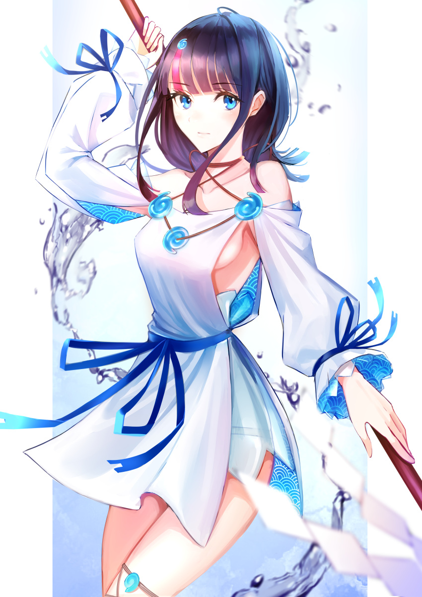 1girl absurdres bangs bare_shoulders black_hair blue_eyes blue_ribbon blush boa_sorte breasts closed_mouth collarbone dress fate/grand_order fate/requiem fate_(series) fundoshi highres japanese_clothes jewelry long_sleeves looking_at_viewer magatama magatama_hair_ornament medium_breasts medium_hair multicolored_hair necklace pelvic_curtain pink_hair polearm puffy_long_sleeves puffy_sleeves ribbon short_dress sideboob sideless_outfit spear streaked_hair thighs utsumi_erise water weapon white_dress