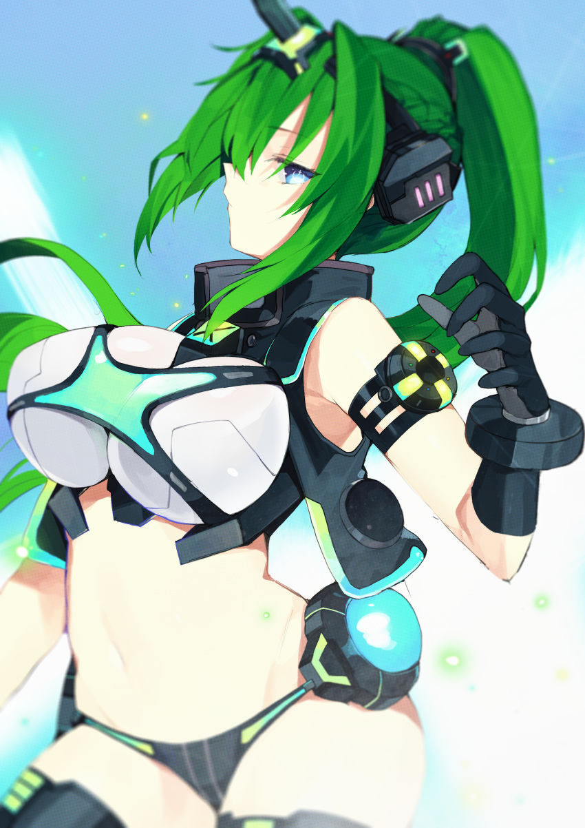 1girl absurdres arm_strap bare_shoulders black_gloves blancpig_yryr blue_eyes breasts crop_top from_side gloves green_hair green_heart headgear highres horn large_breasts long_hair navel neptune_(series) next_green ponytail power_symbol solo symbol-shaped_pupils thigh-highs