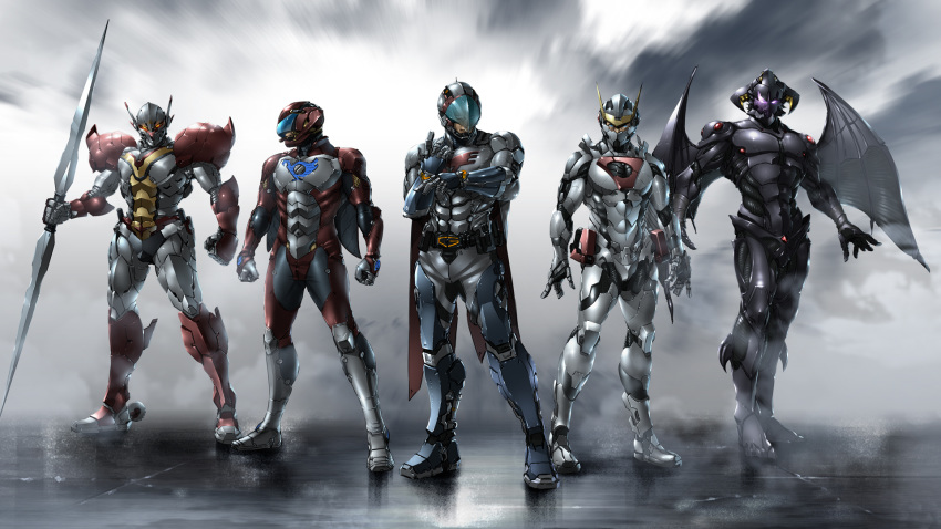 5boys android bodysuit cape casshan_robot_hunter casshern company_connection crossover gatchaman gloves hariken_polymar helmet highres humanoid_robot ken_the_eagle lance male_focus mask multiple_boys paintedmike polearm polymar power_armor shinzou_ningen_casshern skin_tight soul_taker soul_taker_(character) tatsunoko_pro tekkaman_(character) uchuu_no_kishi_tekkaman visor weapon white_bodysuit wings